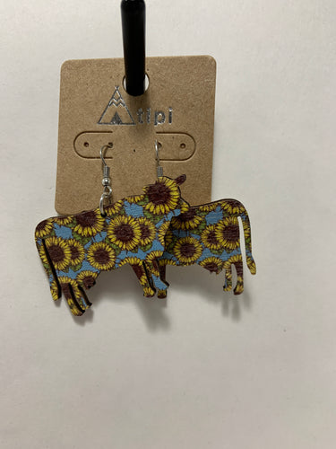 Sunflower cows wood earrings