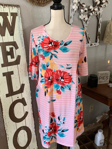 Pink/white striped floral dress