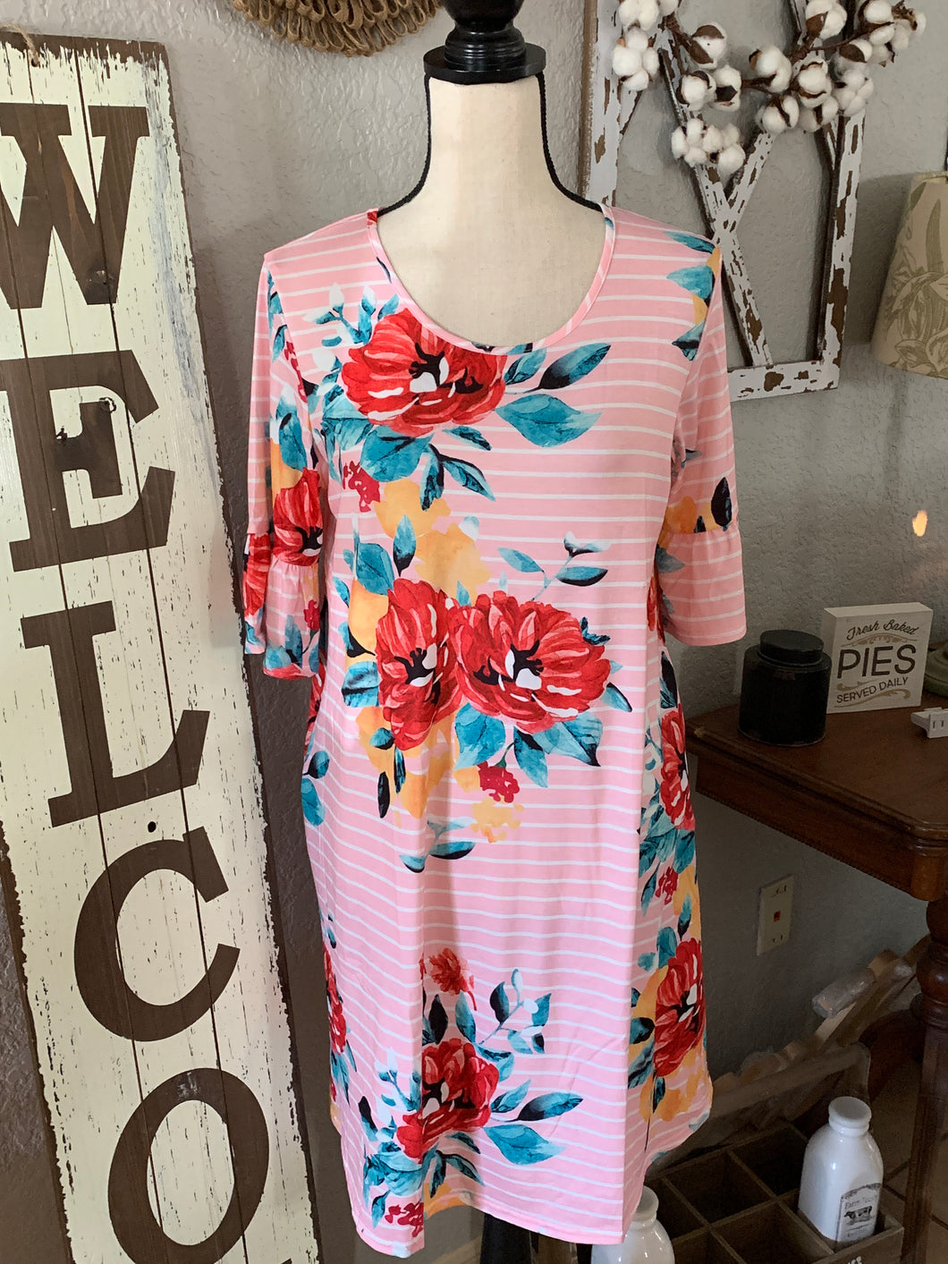 Pink/white striped floral dress