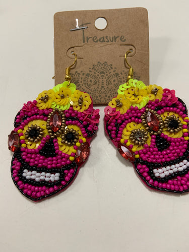 Sugar skull beaded earring ruby cheek and head