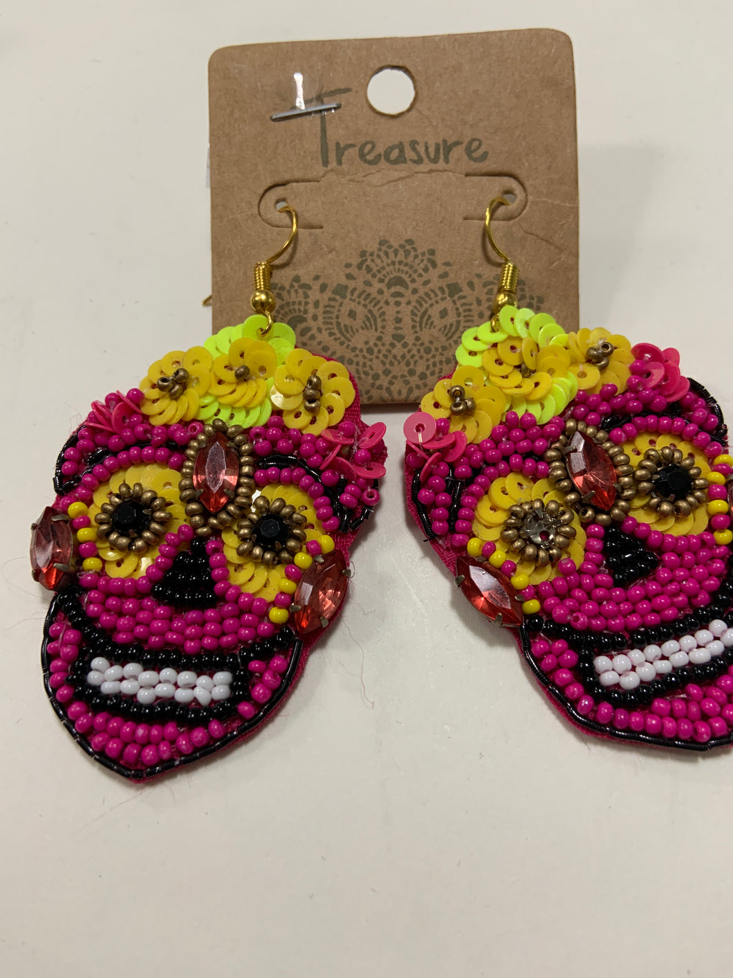 Sugar skull beaded earring ruby cheek and head