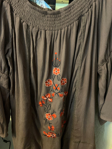 Brown Embroidered with the world top off the shoulder