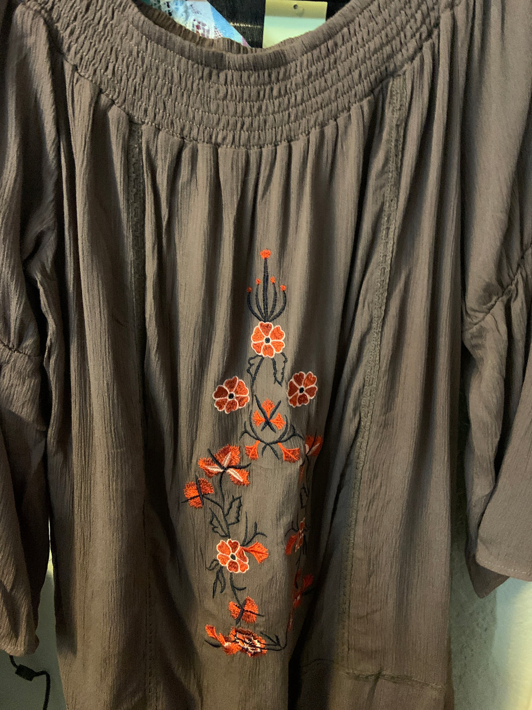Brown Embroidered with the world top off the shoulder