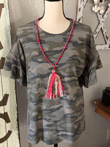 Camo double ruffle top