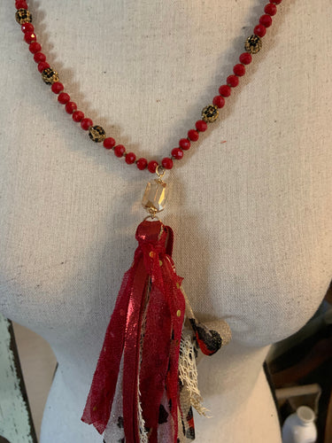 Red with cheetah bar tassel necklace