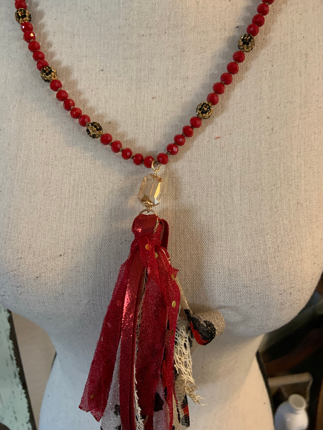 Red with cheetah bar tassel necklace