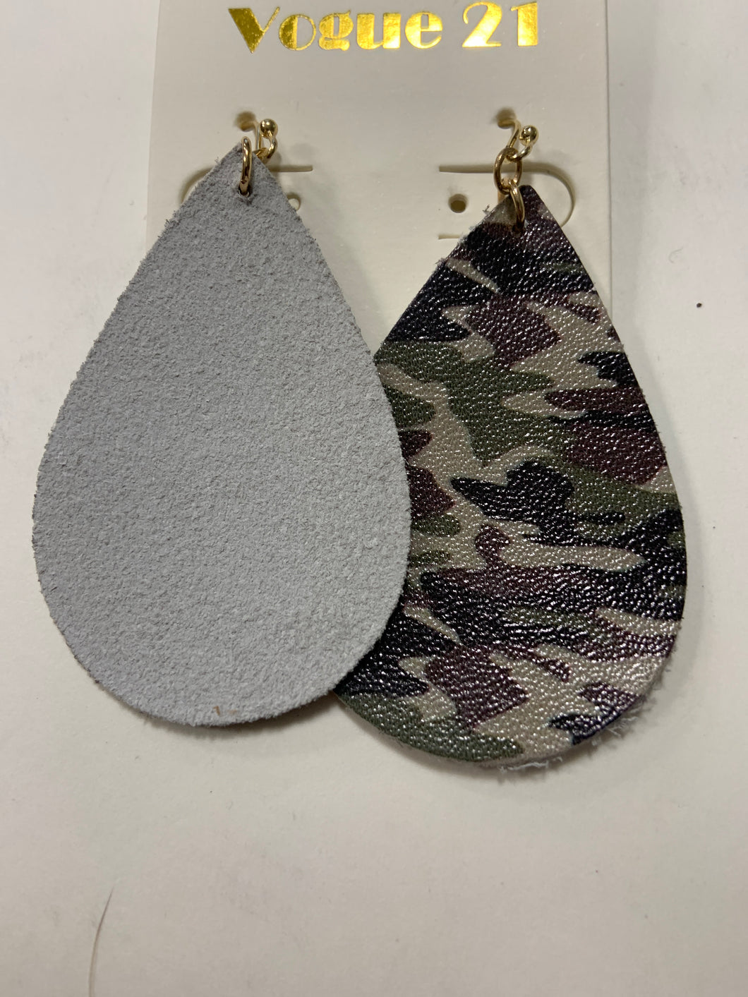 Camo one side of leather teardrop earrings