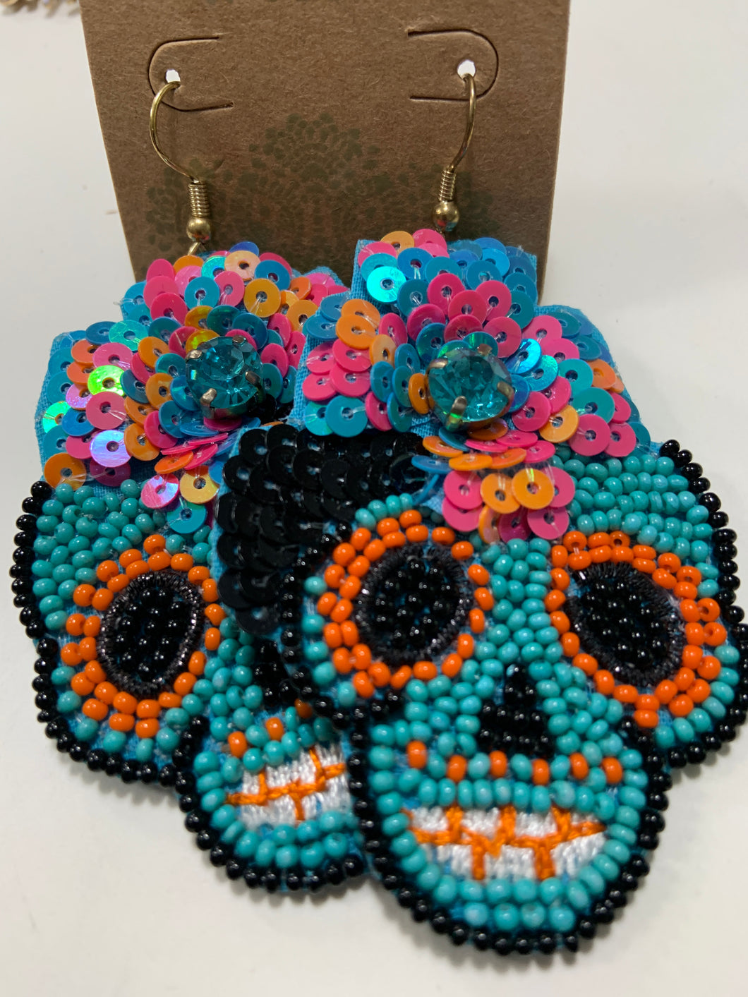 Beaded earrings sugar skull turquoise black