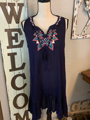 Navy blue dress with embroidered front
