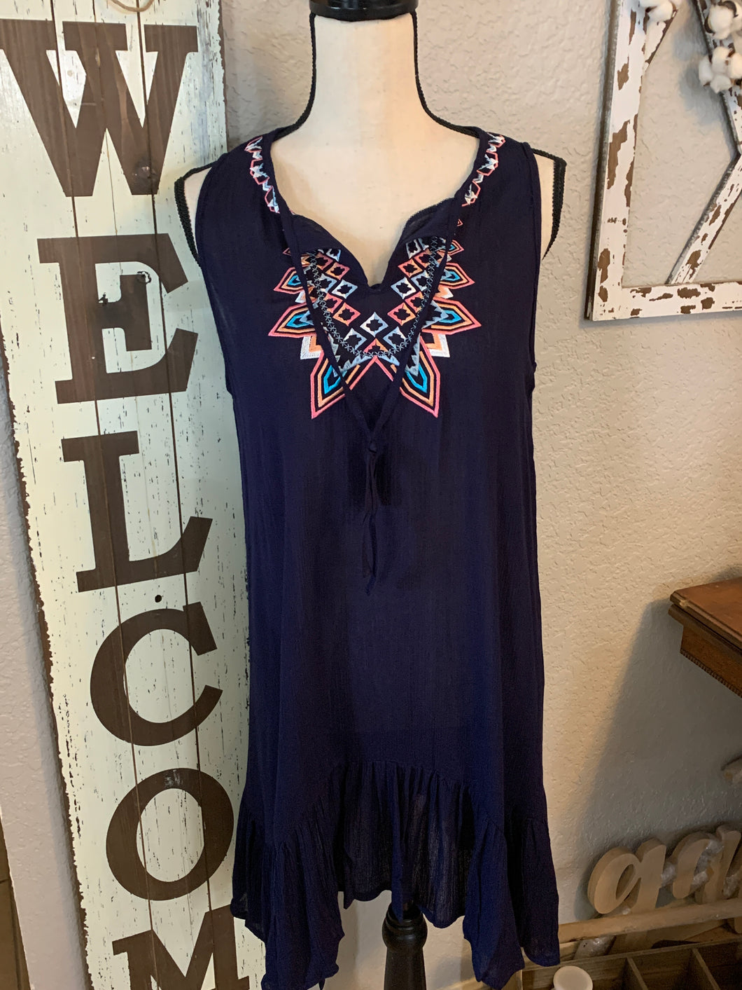 Navy blue dress with embroidered front