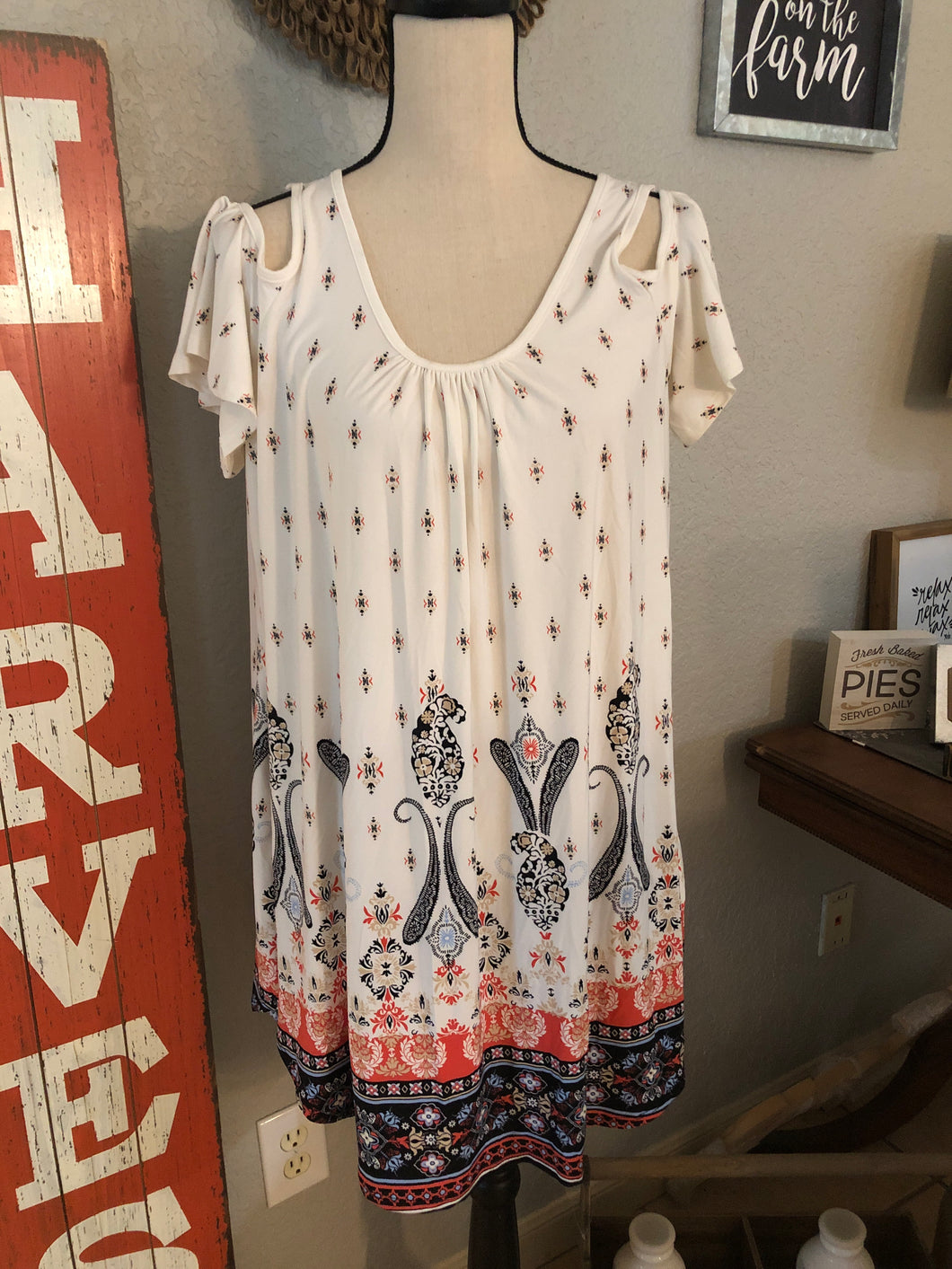 Top open shoulder majestic border tunic poly spandex