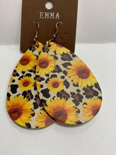 Sunflower with cheetah background teardrop earrings