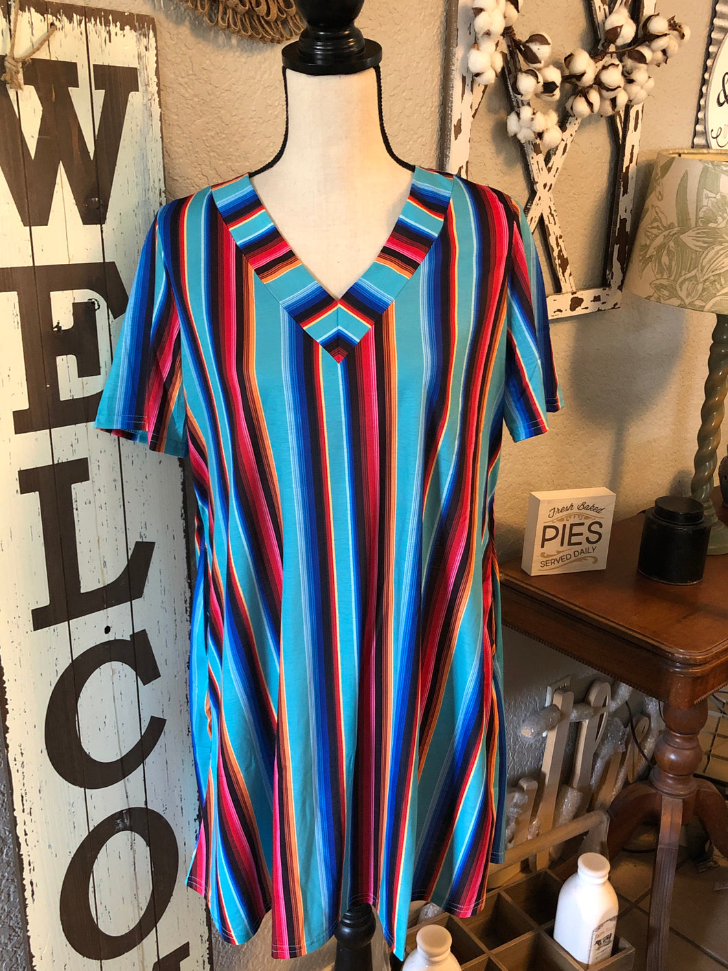 V neck aqua serape dress