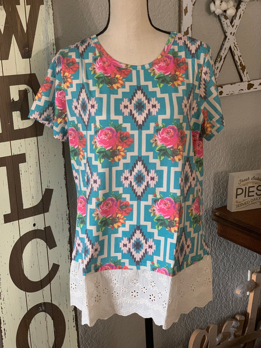 Turquoise/Aztec floral top