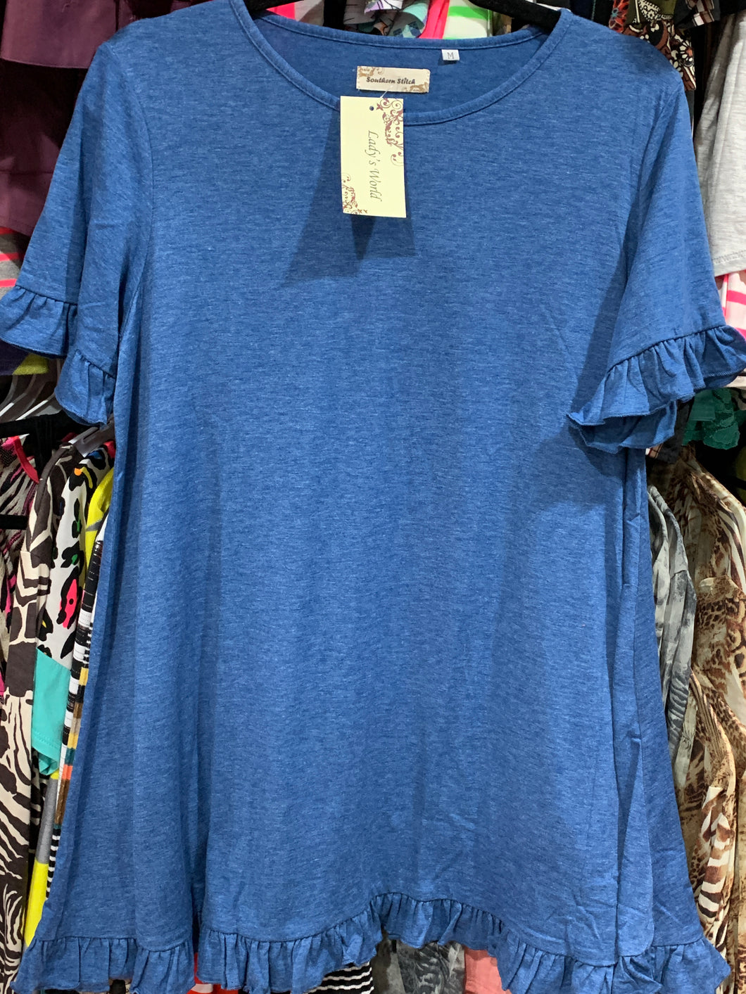 Blue top with ruffle sleeve and bottom