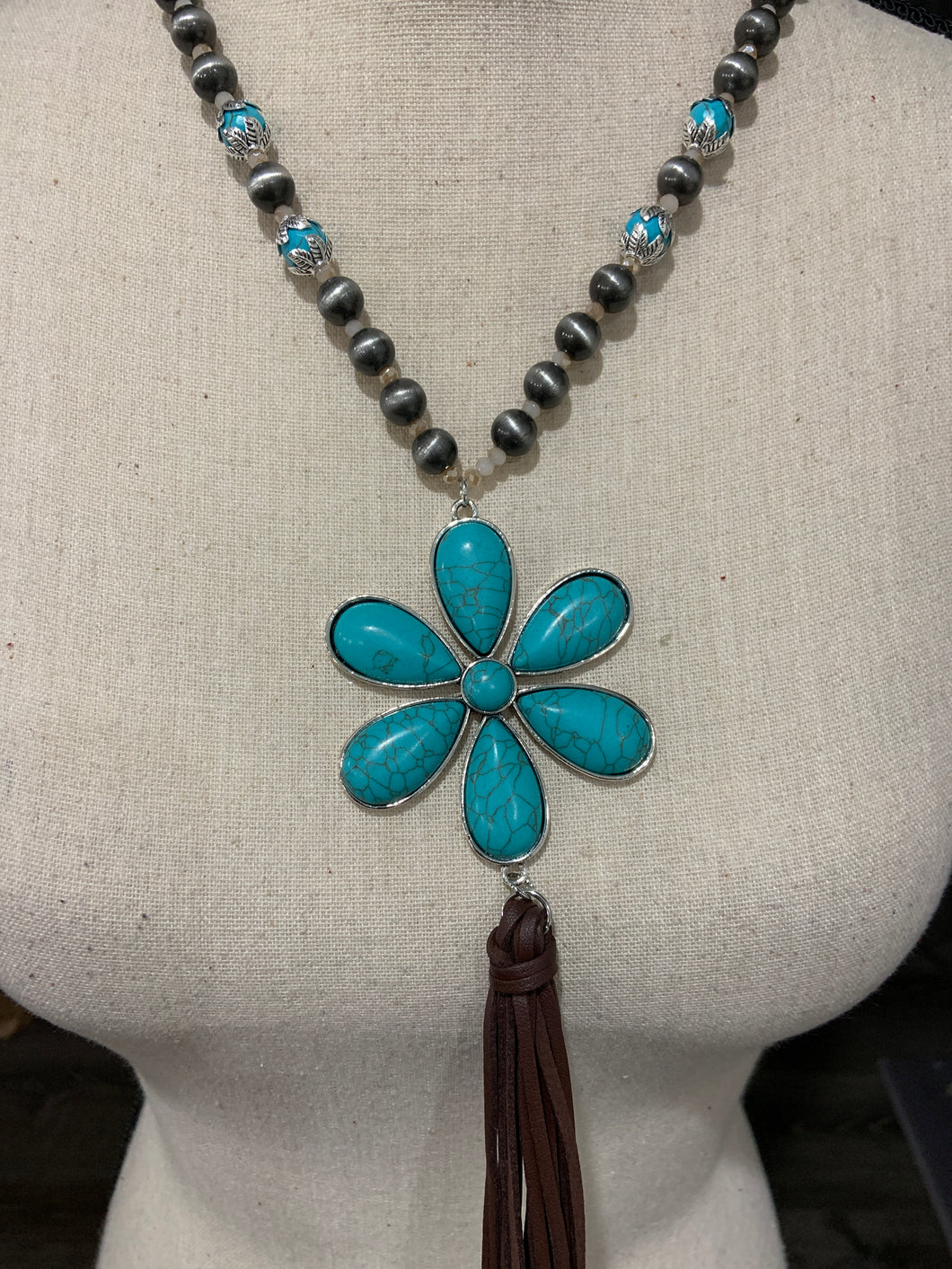 Turquoise flower leather tassel necklace