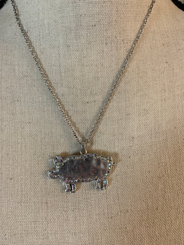 Pig hammered metal and bling necklace