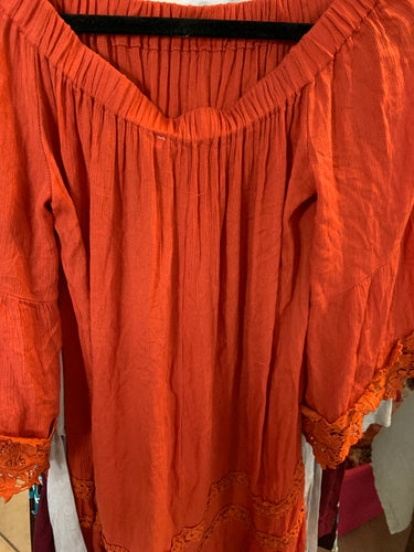 Burnt orange with crochet off the shoulder top