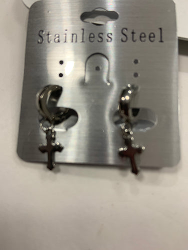 Stainless steel small cross with latching hoop earring
