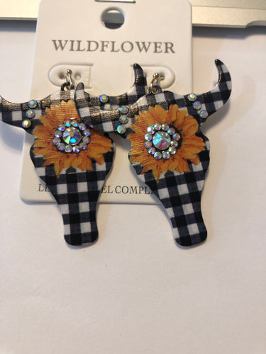 Sunflower plaid bull skull earrings