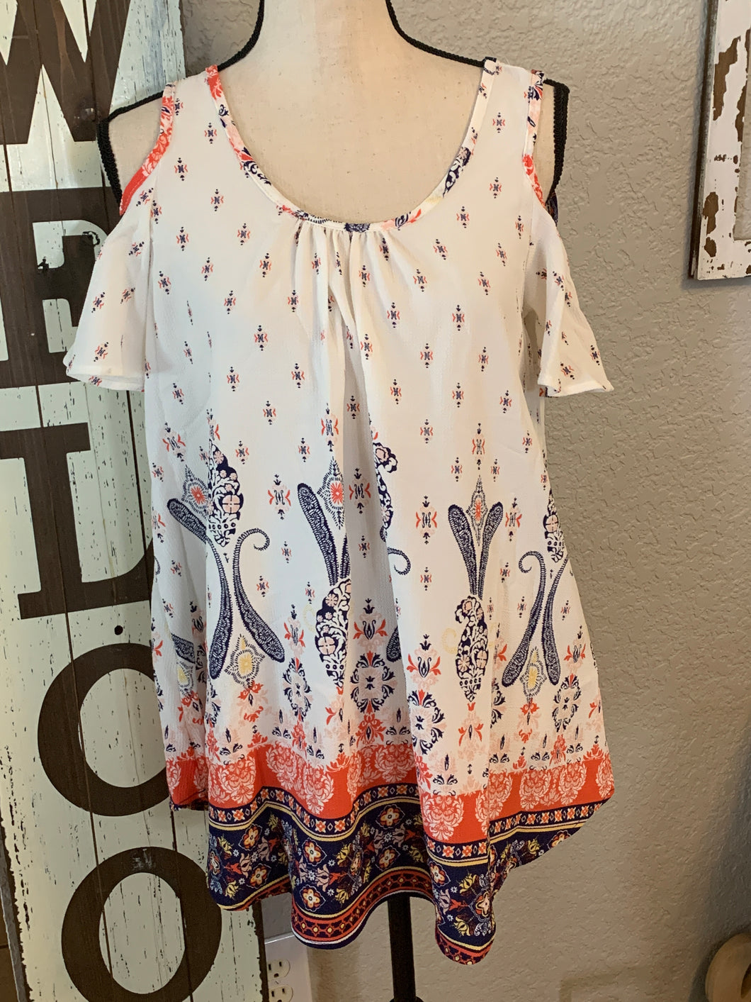 Perfect printed open shoulder top