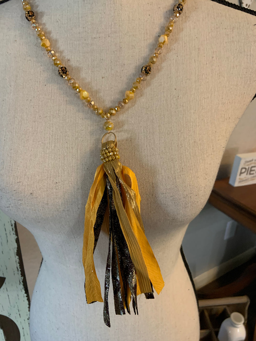 Mustard cheetah ball tassel necklace